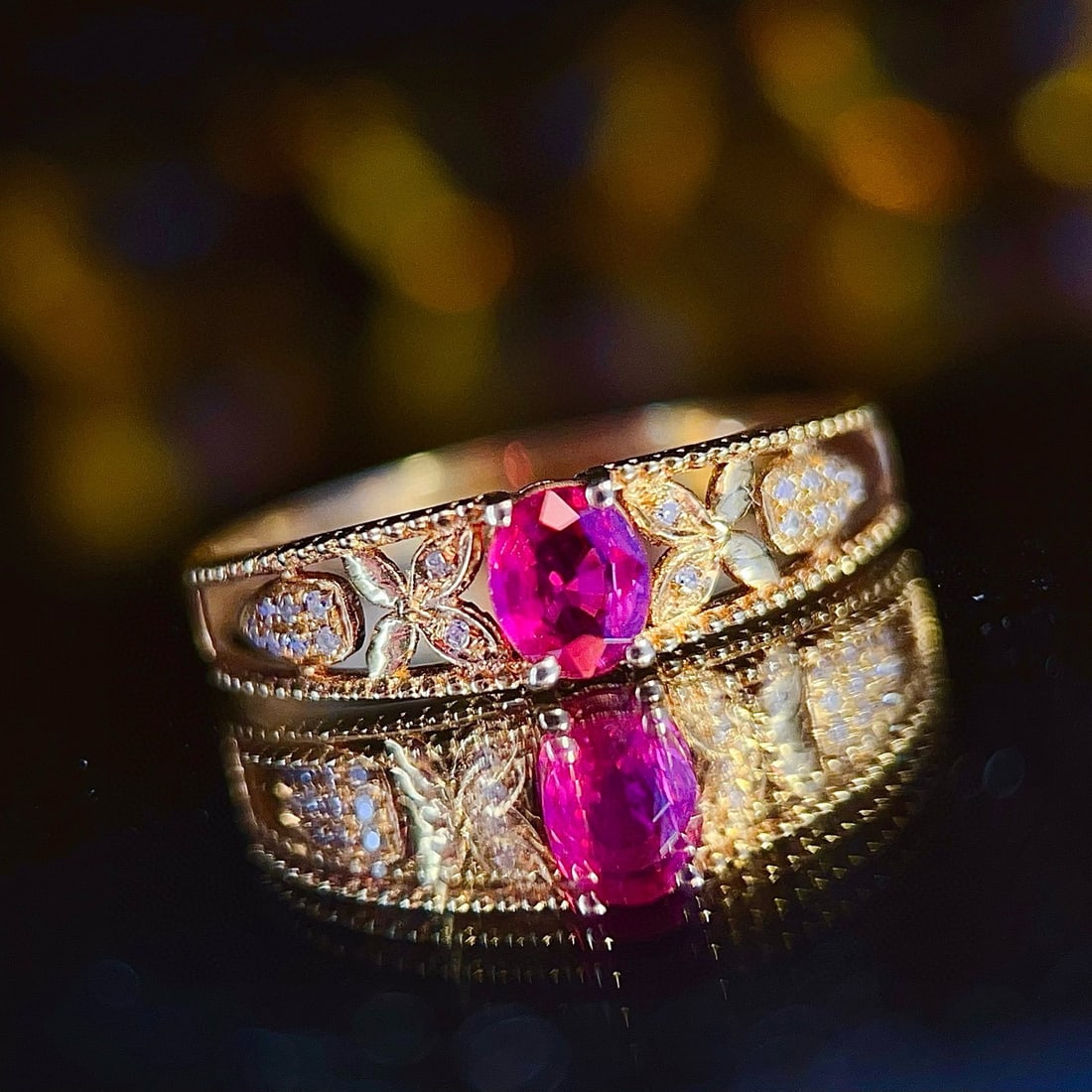 14k Gold 0.40 Ctw Natural Ruby & Diamond Ring: Ref:231066396 // gold content:14k gold // ring size:7. 25us // // main gemstone:ruby // shape:oval // carat weight:0. 35ct // color:red // treatment:natural // // adjacent gemstone 2 : diamond // numb