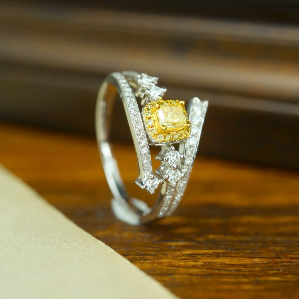 14k Gold 0.55 Ctw Natural Yellow Diamond & Diamond Ring: Ref:231066415 // gold content:14k gold // ring size:7. 25us // // main gemstone:yellow diamond // shape:cushion // carat weight:0. 23ct // color:yellow // treatment:natural // // adjacent gemstone 2
