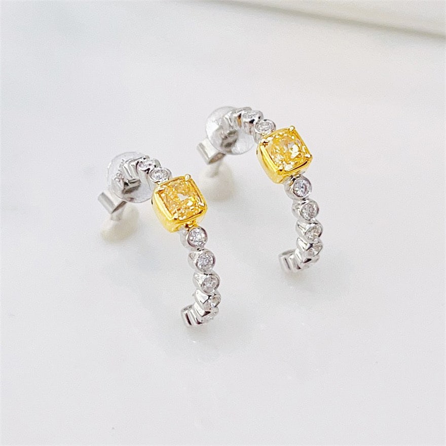 14k Gold 0.56 Ctw Natural Yellow Diamond & Diamond Earrings: Ref:231066424 // gold content:14k gold // main gemstone:yellow diamond // shape:cushion // carat weight:0. 36ct // color:yellow // treatment:natural // // adjacent gemstone 2 : diamond // shape:round