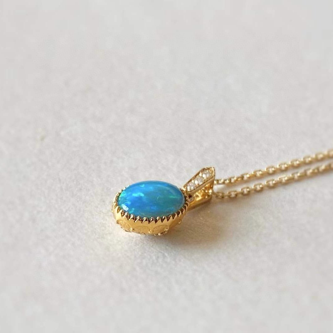 14k Gold 0.5 Ct Natural Opal & Diamond Pendant( Without Chain ) - 2