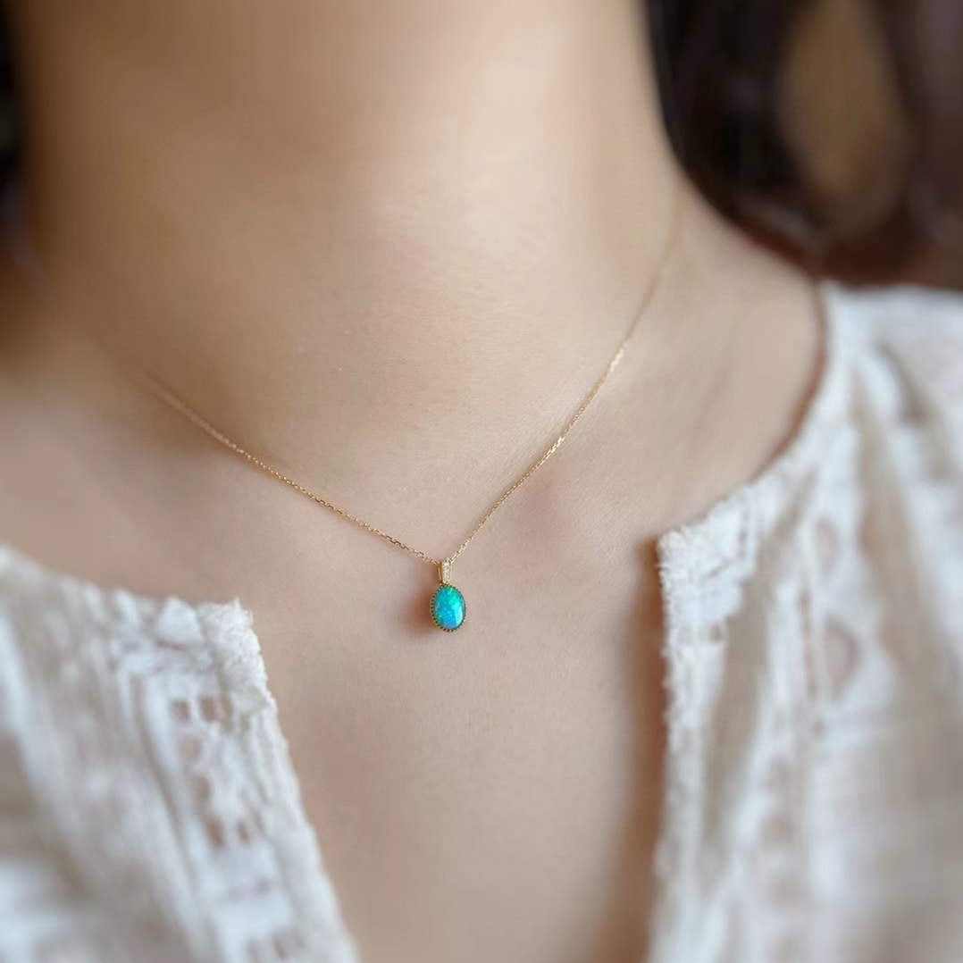 14k Gold 0.5 Ct Natural Opal & Diamond Pendant( Without Chain ) - 6