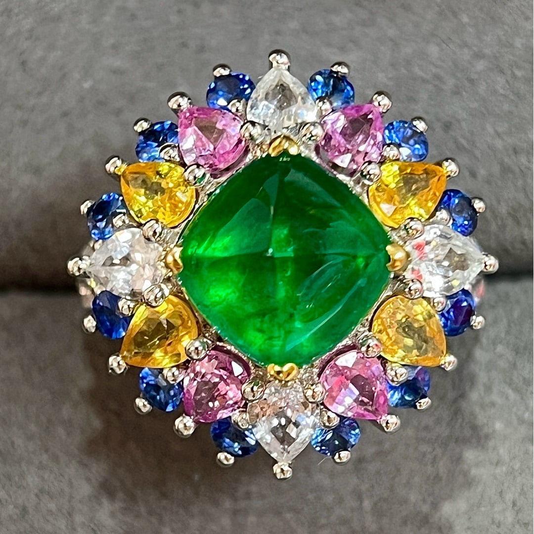 14k Gold 7.8 Ctw Natural Emerald & Sapphire Ring: Ref:231067063 // gold content:14k gold // ring size:7. 25 us // // main gemstone:emerald // shape:sugar-loaf // carat weight:3. 3ct // color:green // treatment:natural // // adjacent gemstone 2 :