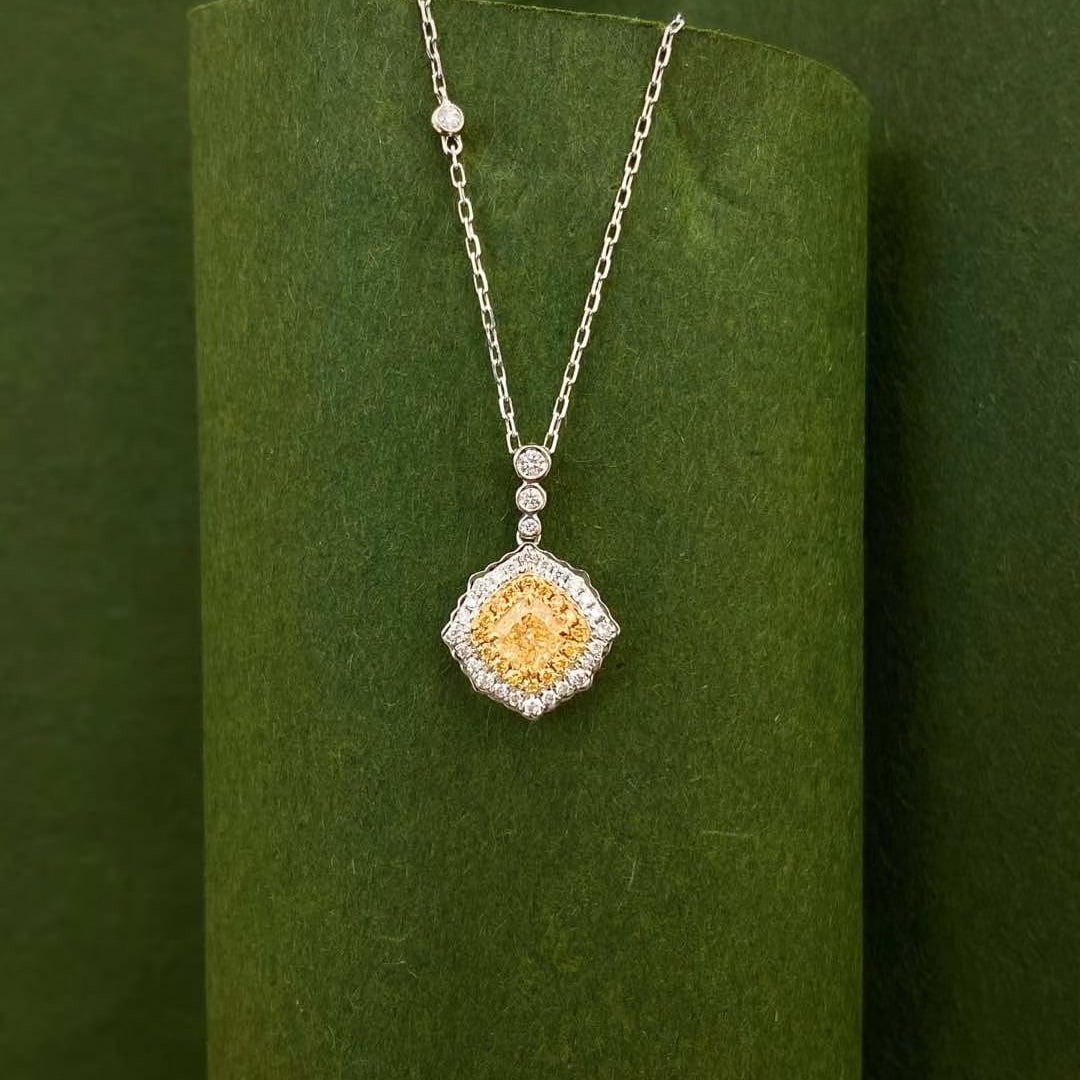 14k Gold 0.48 Ctw Natural Yellow Diamond & Diamond Necklace: Ref:231067074 // gold content:14k gold // main gemstone:yellow diamond // shape:cushion // carat weight:0. 3ct // color:yellow // treatment:natural // // adjacent gemstone 2 : diamond // shape:round
