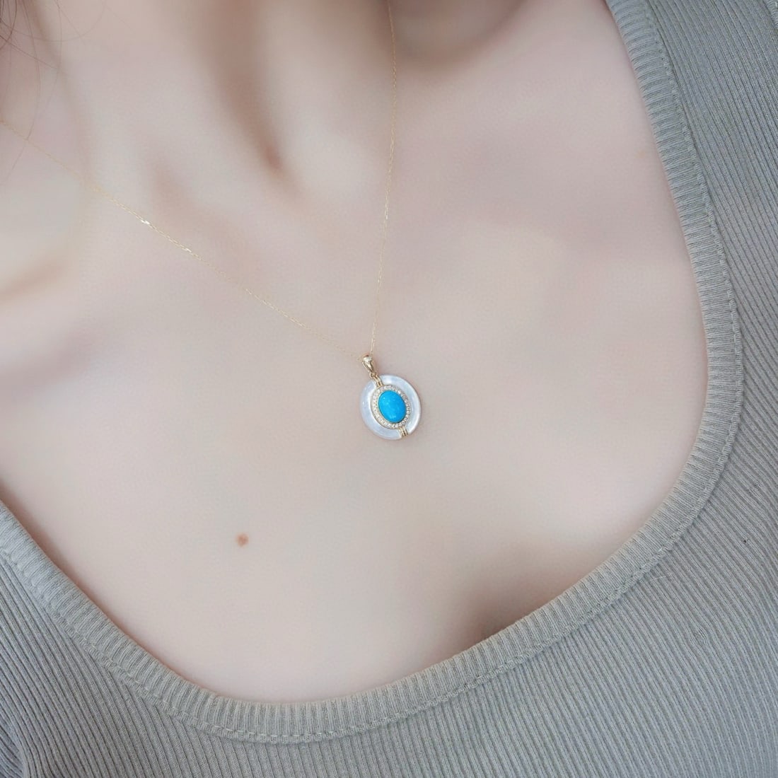 14k Gold 1.4 Ctw Natural Turquoise & Diamond Pendant( Without Chain ) - 2