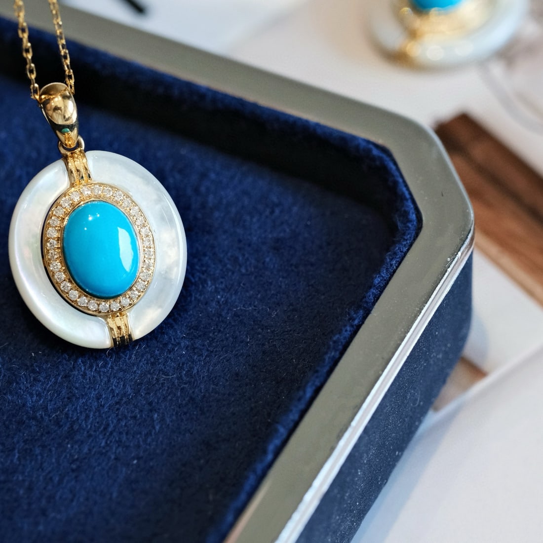 14k Gold 1.4 Ctw Natural Turquoise & Diamond Pendant( Without Chain ) - 3
