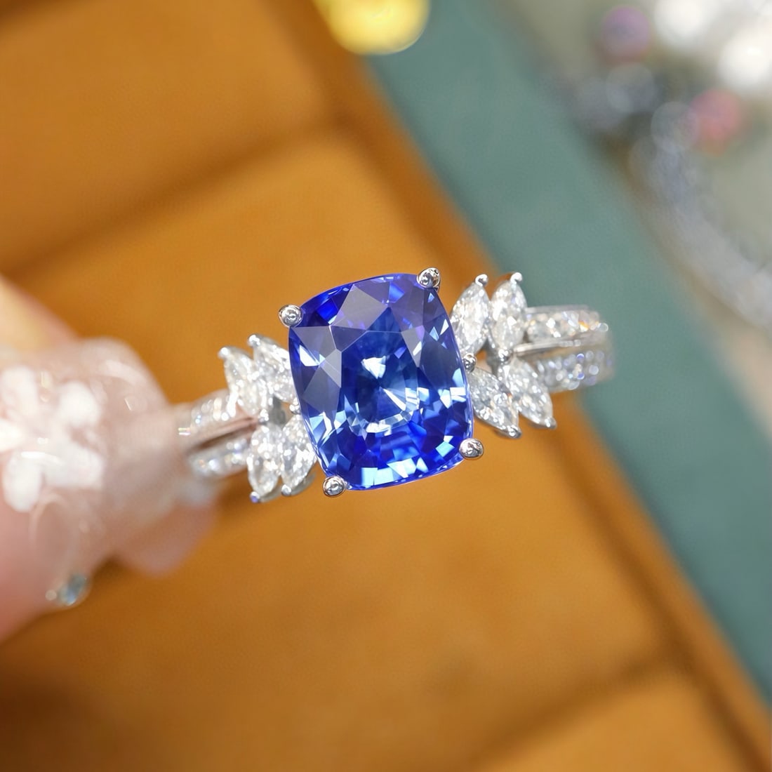 14k Gold 2.39 Ctw Natural Sapphire & Diamond Ring: Ref:231067107 // gold content:14k gold // ring size:7. 25us // // main gemstone:sapphire // shape:cushion // carat weight:2. 05ct // color:blue // treatment:natural // // adjacent gemstone 2 :