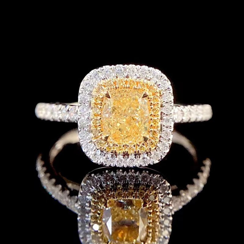 14k Gold 1.1 Ctw Natural Yellow Diamond & Diamond Ring: Ref:231067119 // gold content:14k gold // ring size:7. 25us // // main gemstone:yellow diamond // shape:cushion // carat weight:0. 7ct // color:yellow // treatment:natural // // adjacent gemstone 2 : 