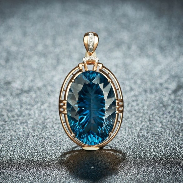 14k Gold 26 Ct Natural Topaz & Diamond Pendant( Without Chain ): Ref:231067123 // gold content:14k gold // main gemstone:topaz // shape:oval // carat weight:26ct // color:blue // treatment:natural // // adjacent gemstone 2 : diamond // shape:round // clarity