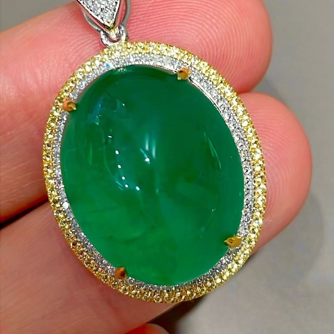 14k Gold 18.5 Ct Natural Emerald & Diamond & Sapphire Pendant( Without Chain ) - 2