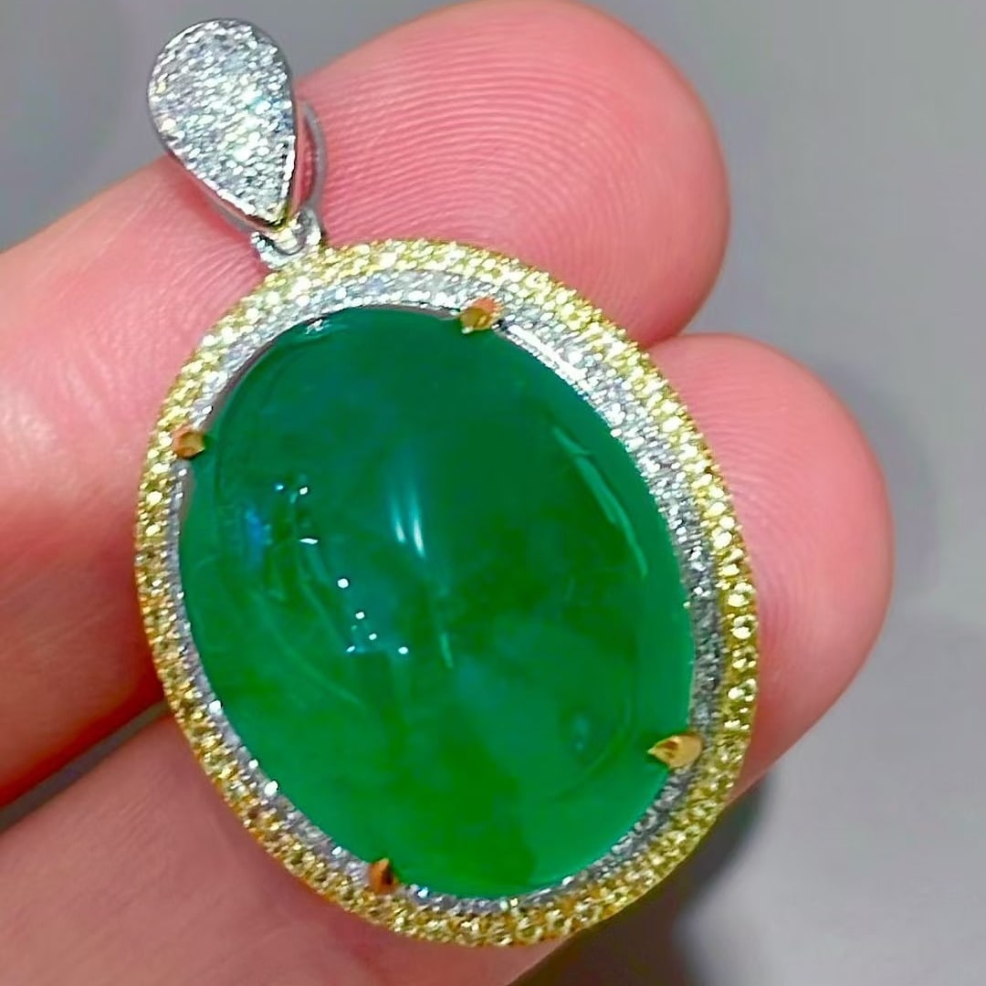14k Gold 18.5 Ct Natural Emerald & Diamond & Sapphire Pendant( Without Chain ) - 3