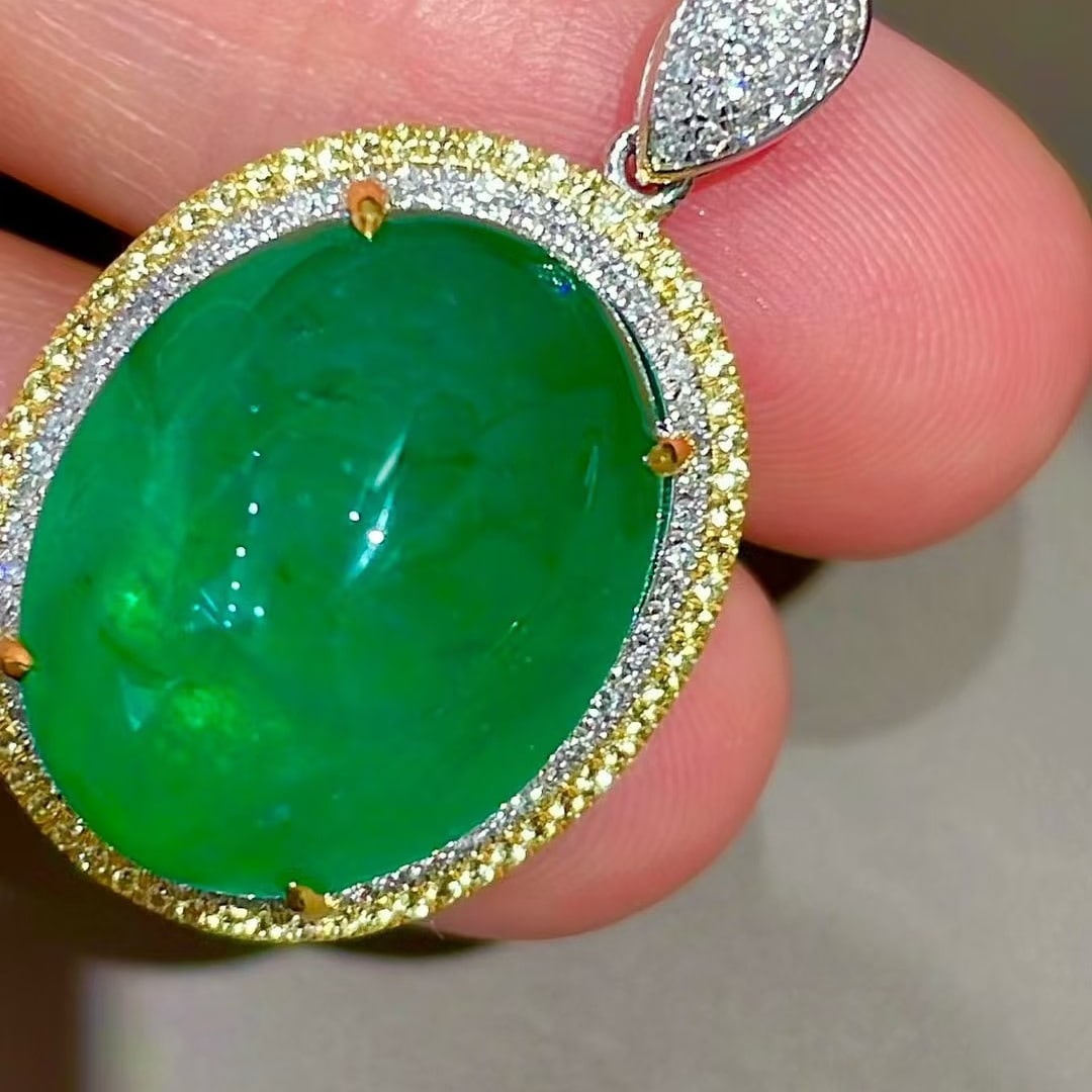 14k Gold 18.5 Ct Natural Emerald & Diamond & Sapphire Pendant( Without Chain ) - 4