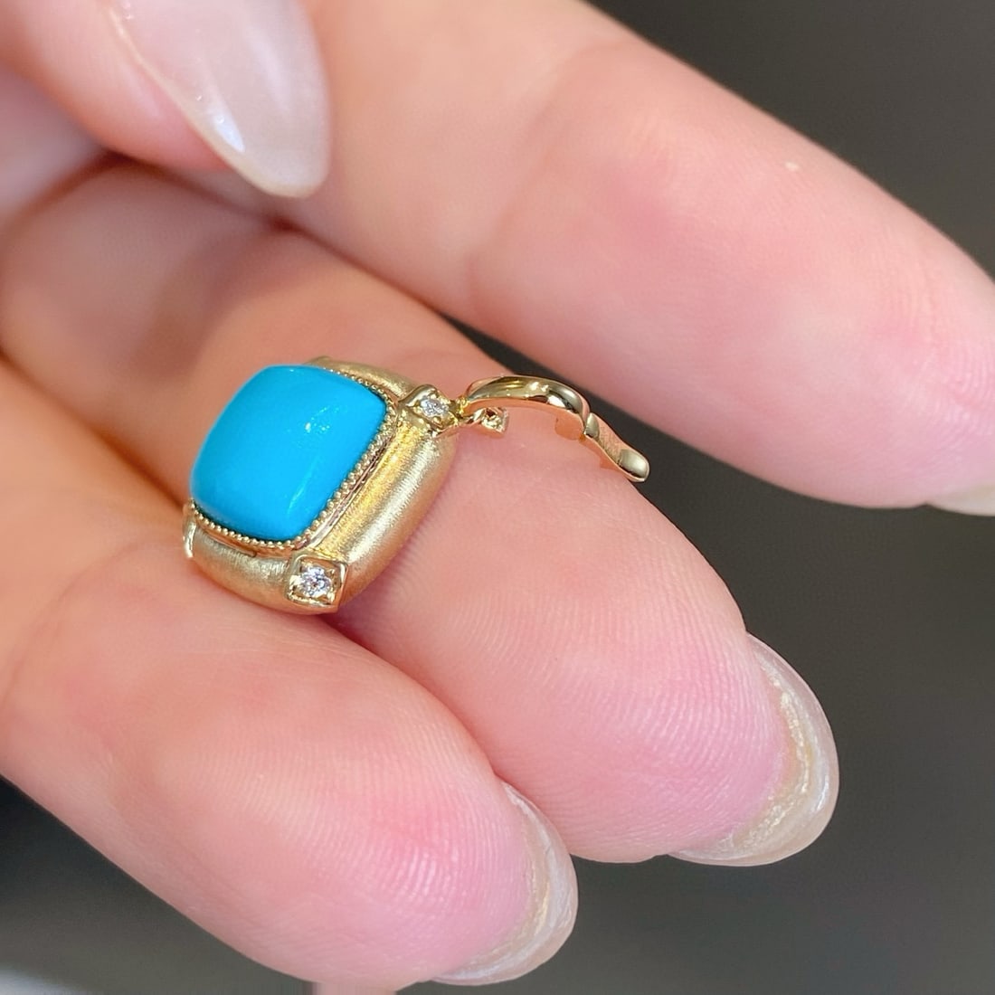 14k Gold 1.65 Ct Natural Turquoise & Diamond Pendant( Without Chain ) - 4