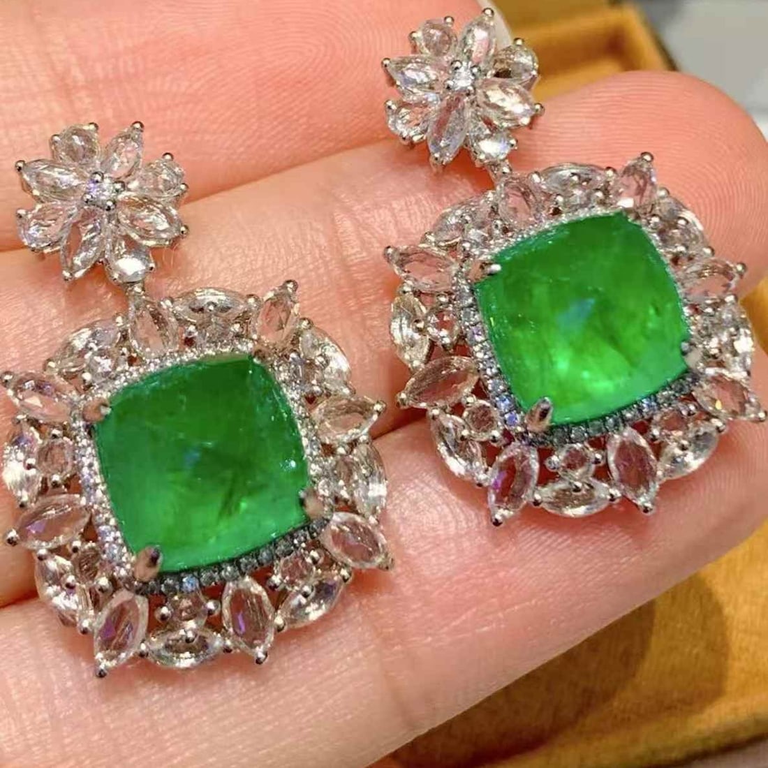 14k Gold 6.8 Ct Vivid Green Natural Emerald & Diamond & Sapphire Earrings - 2