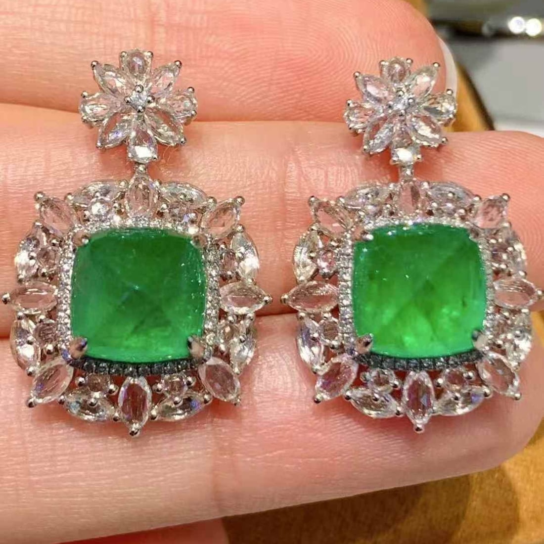 14k Gold 6.8 Ct Vivid Green Natural Emerald & Diamond & Sapphire Earrings - 3