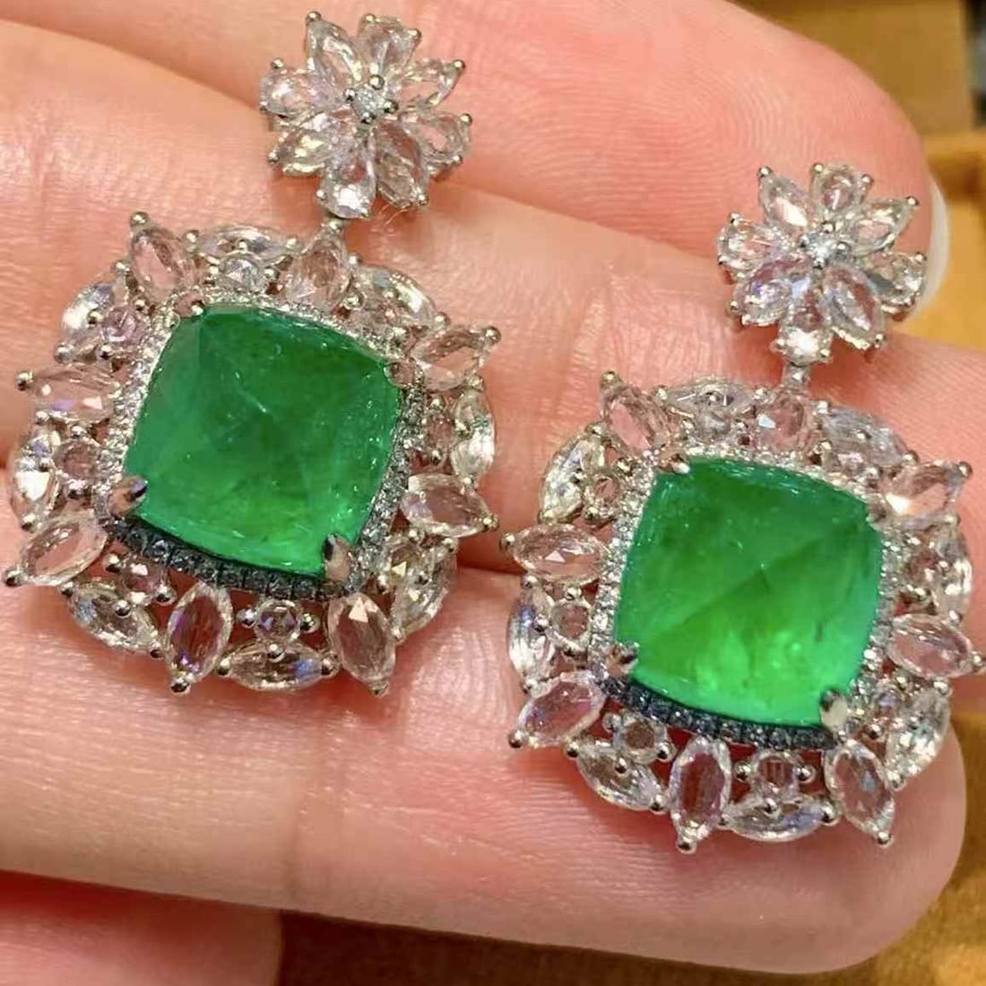 14k Gold 6.8 Ct Vivid Green Natural Emerald & Diamond & Sapphire Earrings - 4