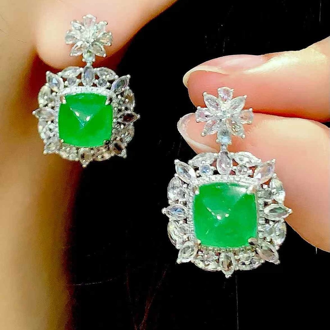 14k Gold 6.8 Ct Vivid Green Natural Emerald & Diamond & Sapphire Earrings - 5