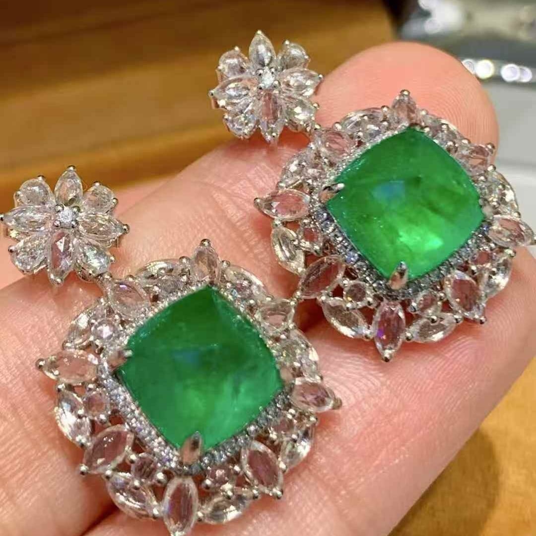 14k Gold 6.8 Ct Vivid Green Natural Emerald & Diamond & Sapphire Earrings - 6
