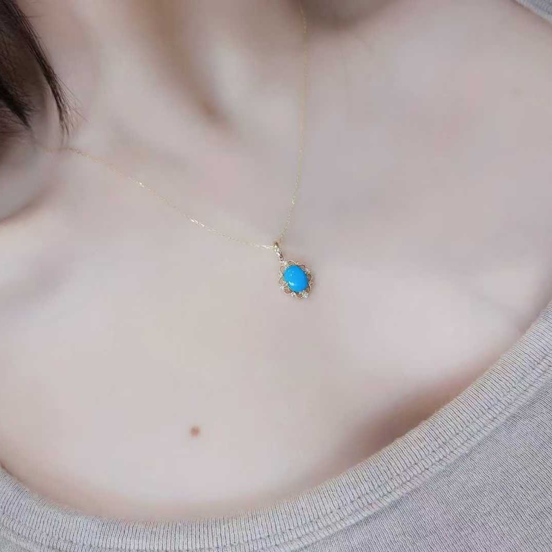 14k Gold 1.33 Ctw Natural Turquoise & Diamond Pendant( Without Chain ) - 2