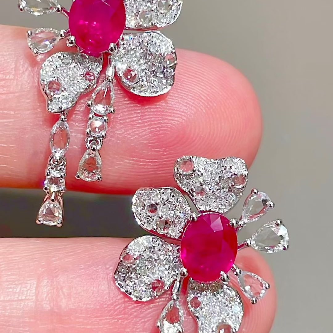 14k Gold 1.3 Ct Natural Ruby & Diamond & Sapphire Earrings - 2