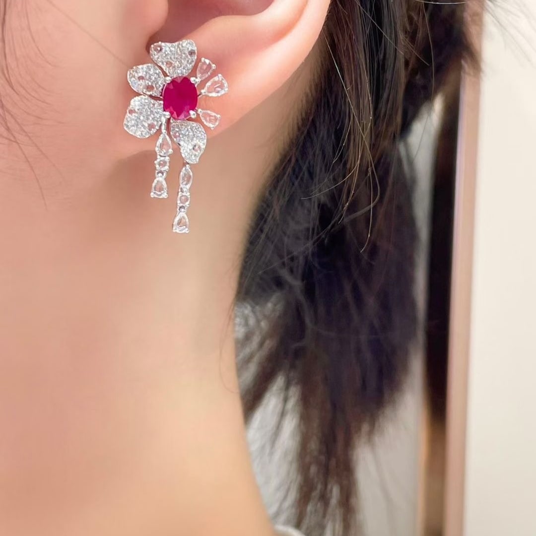 14k Gold 1.3 Ct Natural Ruby & Diamond & Sapphire Earrings - 5