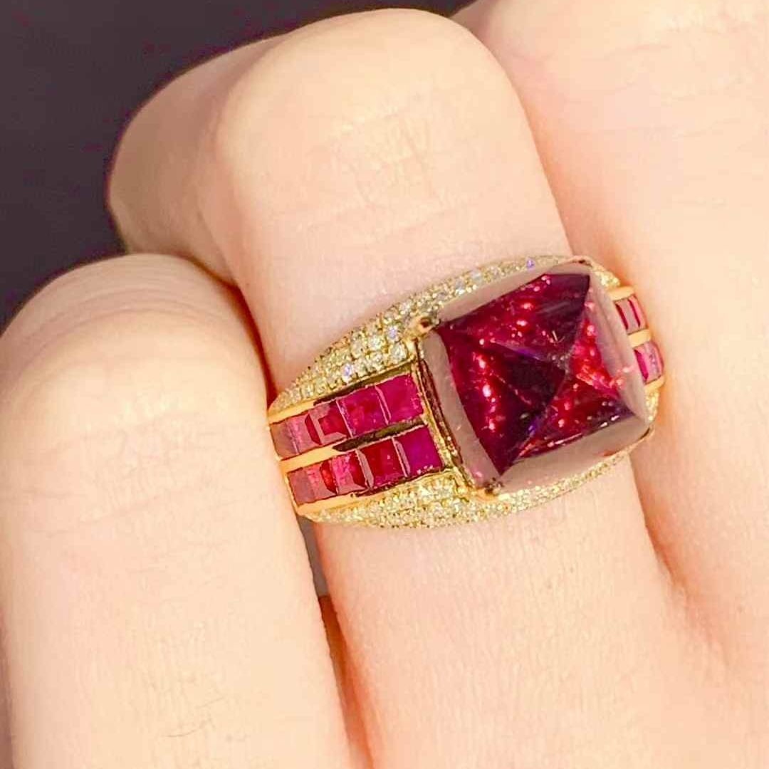 14k Gold 6.5 Ct Natural Tourmaline & Diamond & Ruby Ring - 3