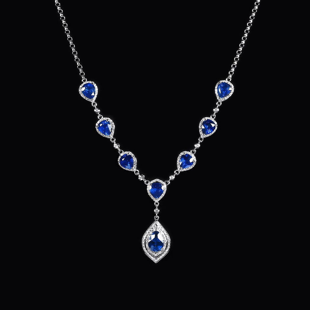 14k Gold 7.15 Ctw Natural Sapphire & Diamond Necklace: Ref:231068032 // gold content:14k gold // main gemstone:sapphire // shape:pear // carat weight:6. 46ct // color:royal blue // treatment:natural // // adjacent gemstone 2 : diamond // number of stones: