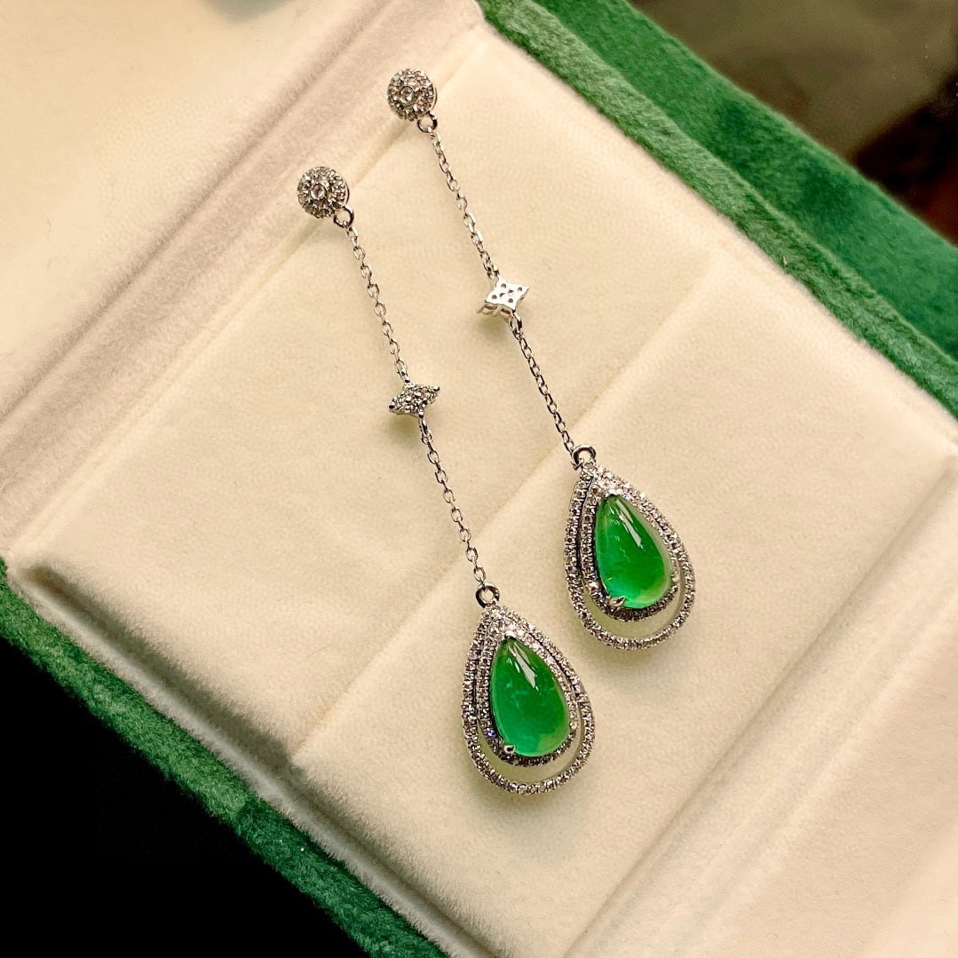 14k Gold 4 Ct Natural Emerald & Diamond Earrings - 3