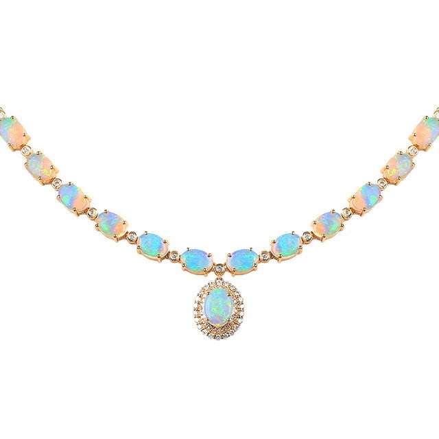 14k Gold 5.78 Ctw Natural Opal & Diamond Necklace - 5