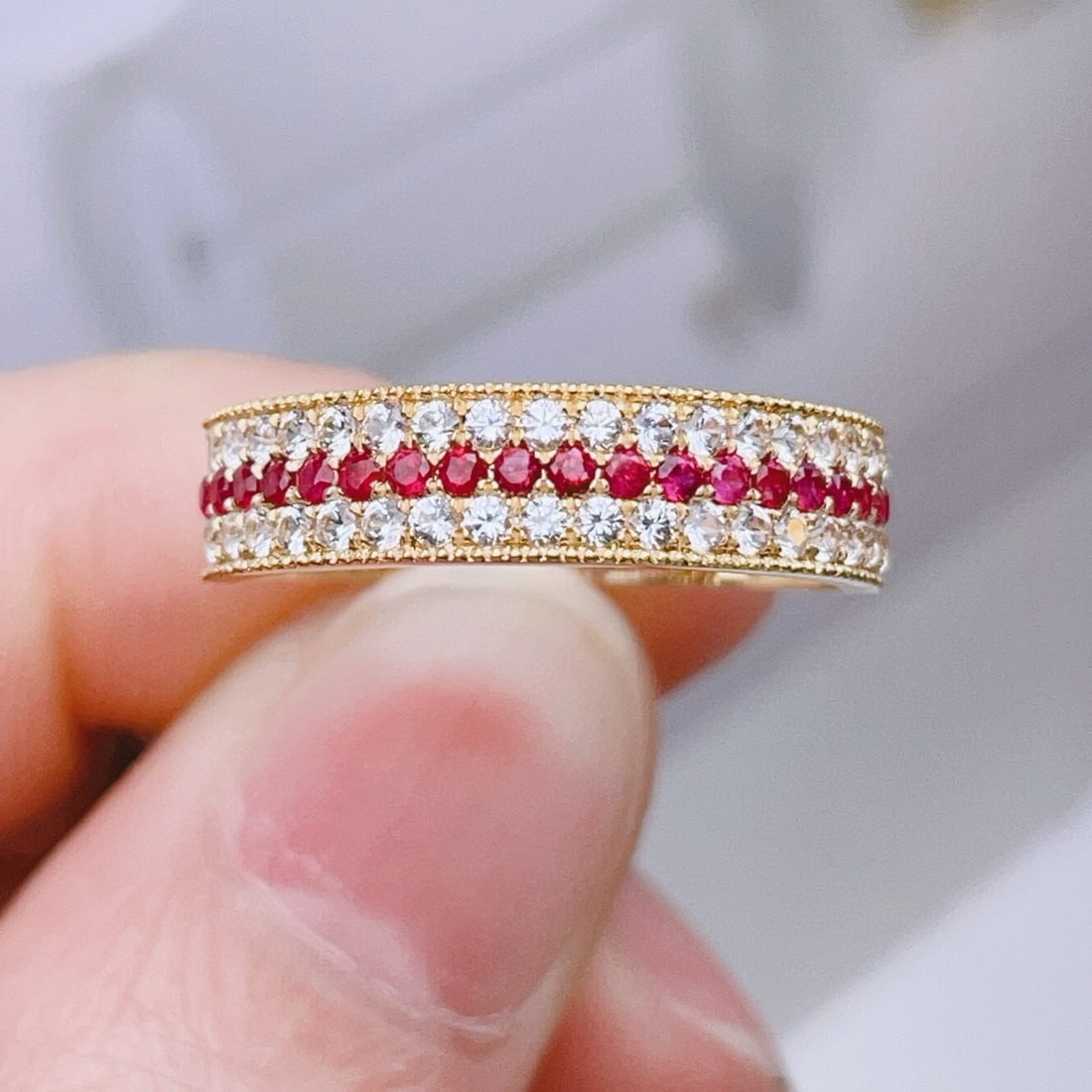 14k Gold 0.19 Ct Natural Ruby & Sapphire Ring: Ref:231068093 // gold content:14k gold // ring size:7. 25us // // main gemstone:ruby // shape:round // carat weight:0. 19ct // color:red // treatment:natural // cut grade:g // // adjacent gemstone 2