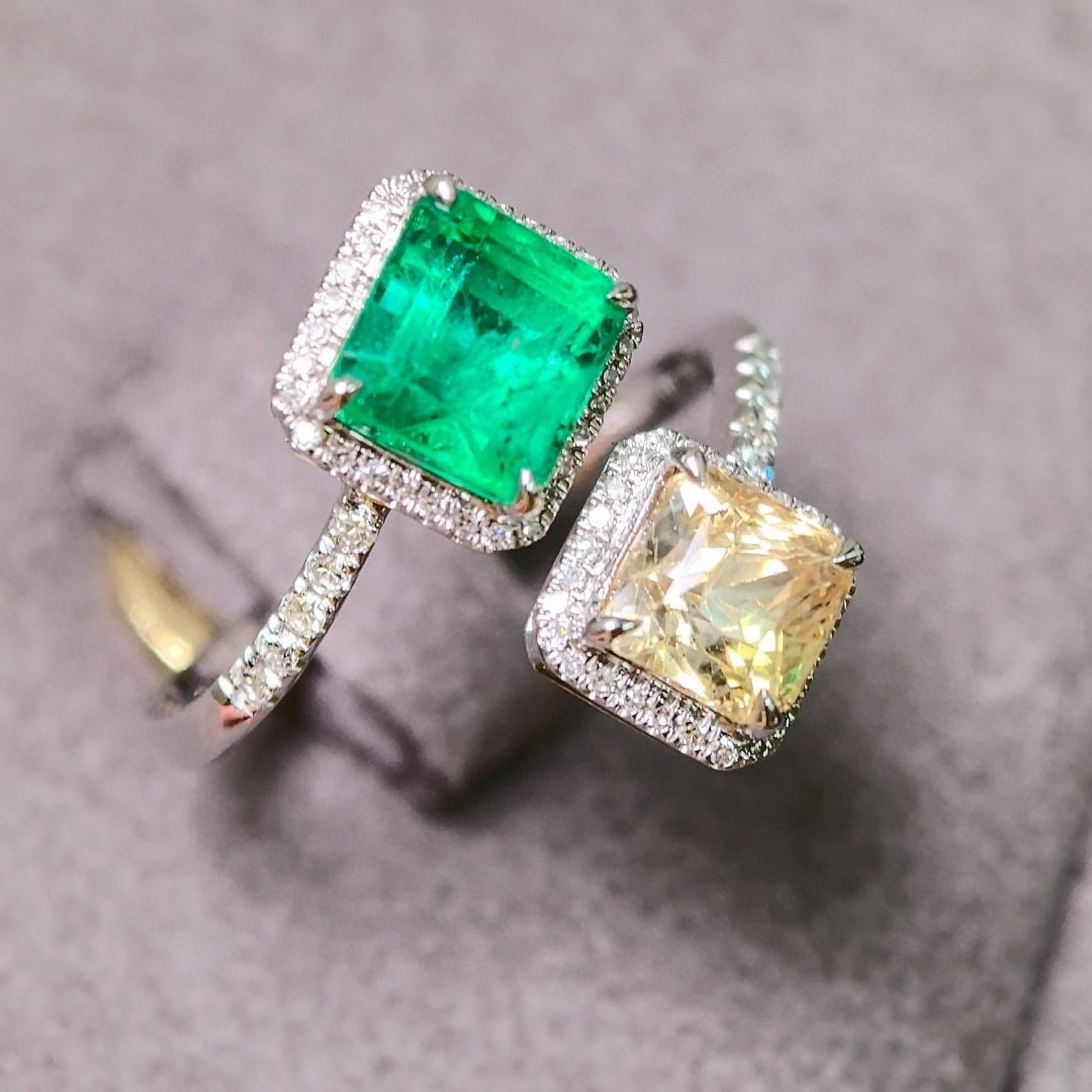 14k Gold 3.41 Ctw Natural Emerald & Sapphire & Toi Et Moi Ring - 2