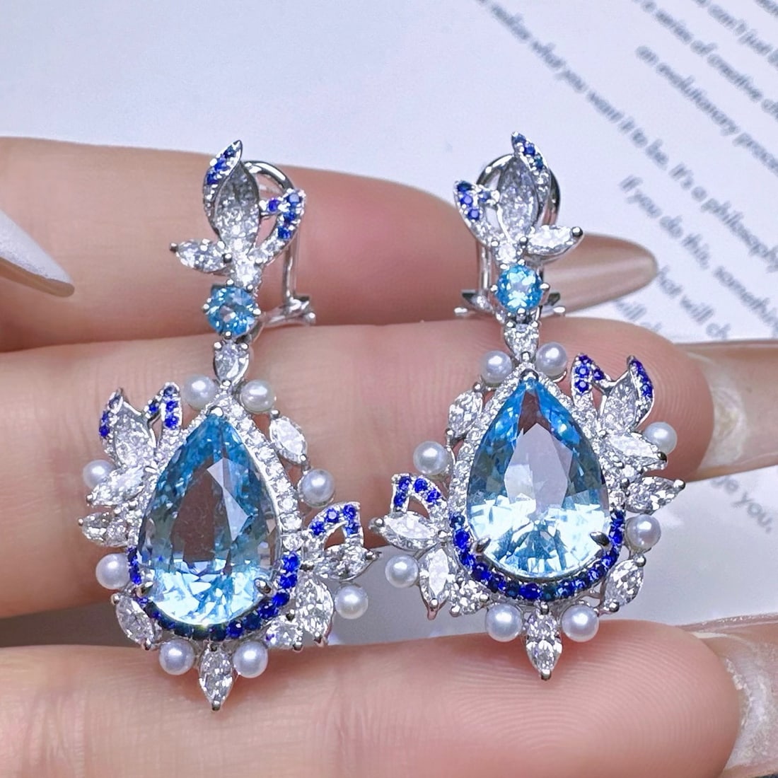 14k Gold 7.33 Ctw Natural Aquamarine & Diamond Earrings - 2