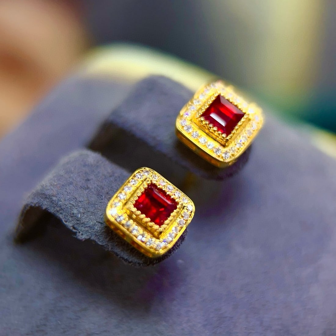 14k Gold 0.85 Ct Natural Ruby & Diamond Earrings - 5