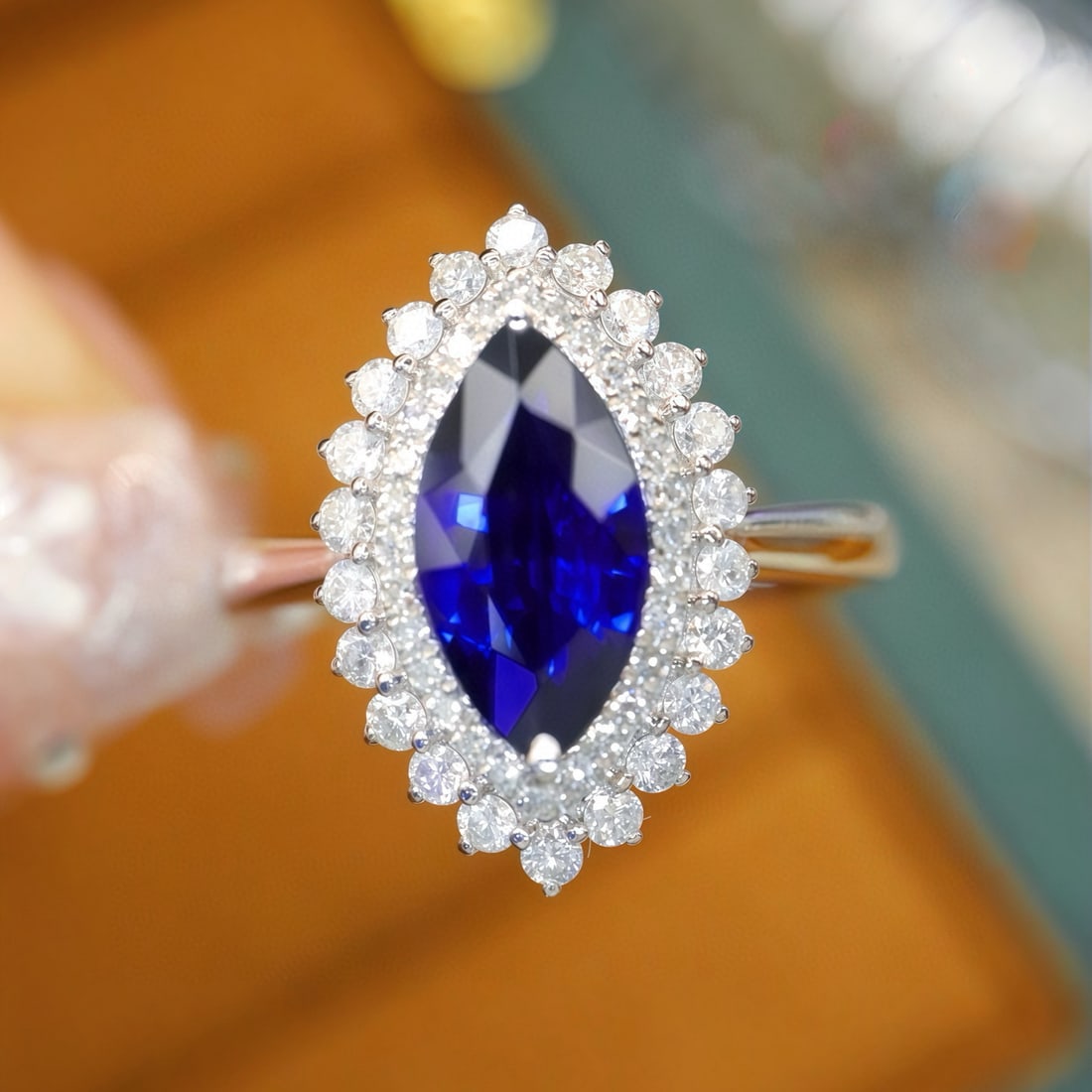 14k Gold 1.99 Ctw Natural Sapphire & Diamond Ring: Ref:231068186 // gold content:14k gold // ring size:7. 25us // // main gemstone:sapphire // shape:marquise // carat weight:1. 58ct // color:royal blue // treatment:natural // // adjacent gemstone 2 : 