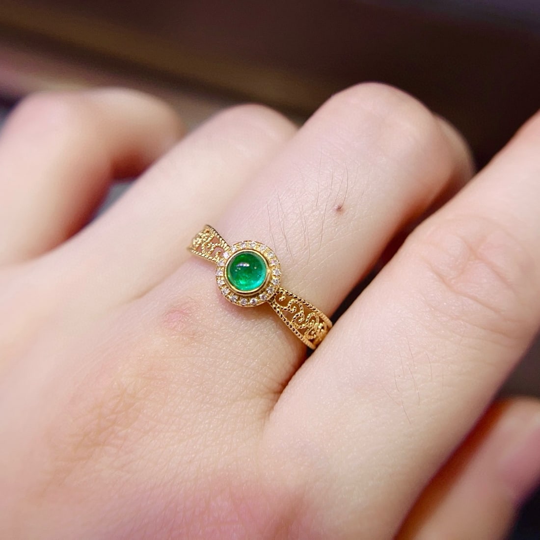 14k Gold 0.35 Ct Natural Emerald & Diamond Ring - 6
