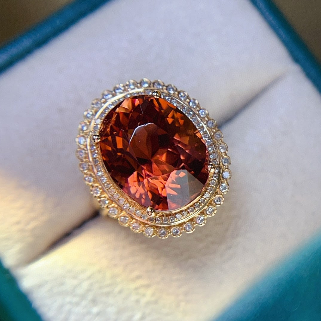 14k Gold 10.08 Ctw Natural Tourmaline & Diamond Ring: Ref:231068199 // gold content:14k gold // ring size:7. 25us // // main gemstone:tourmaline // shape:oval // carat weight:9. 75ct // color:red // treatment:natural // // adjacent gemstone 2 : diamond