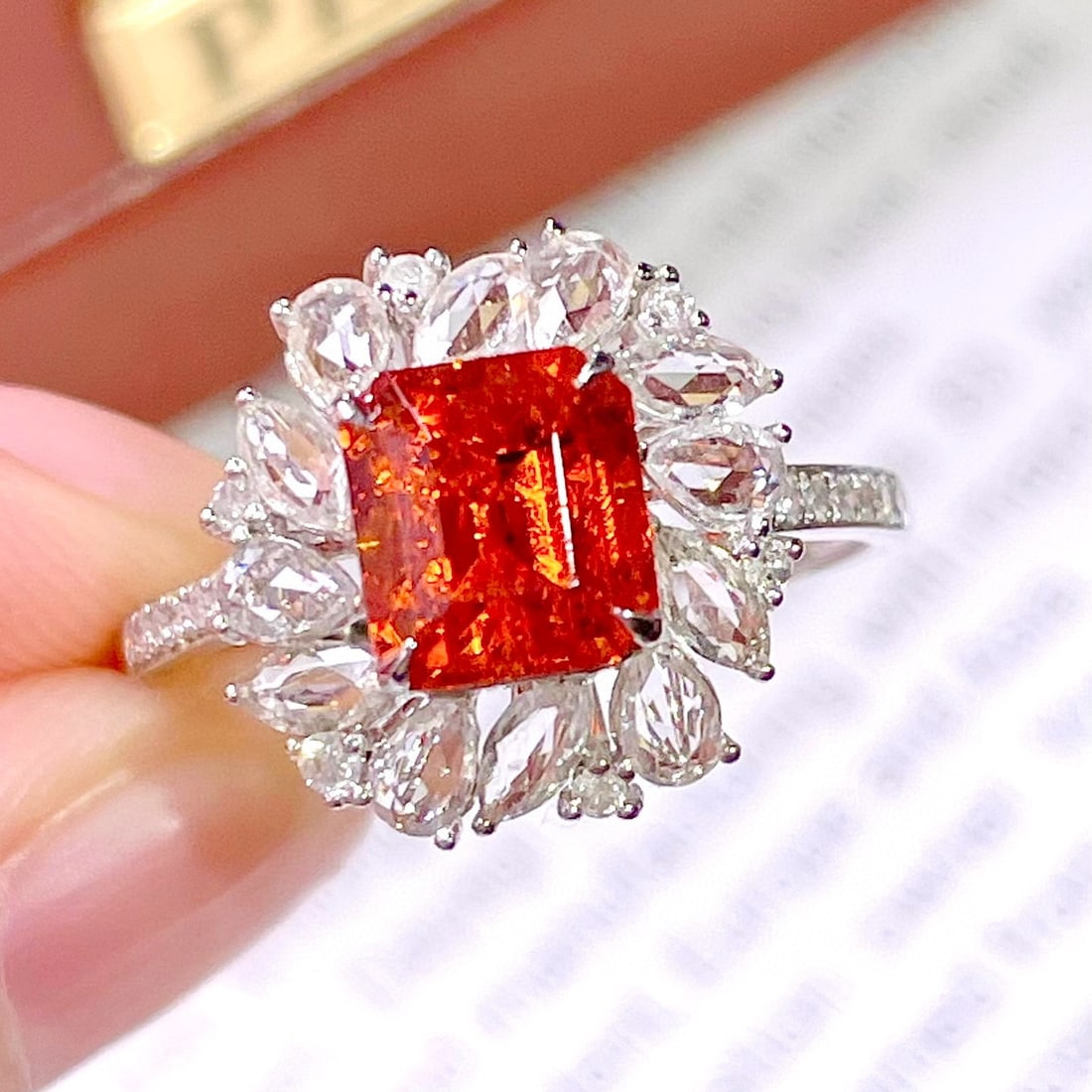 14k Gold 2.8 Ct Natural Spessartine & Diamond & Sapphire Ring: Ref:231068222 // gold content:14k gold // ring size:7. 25us // // main gemstone:spessartine // shape:octagonal // carat weight:2. 8ct // color:orange // treatment:natural // // adjacent gemstone 2 :