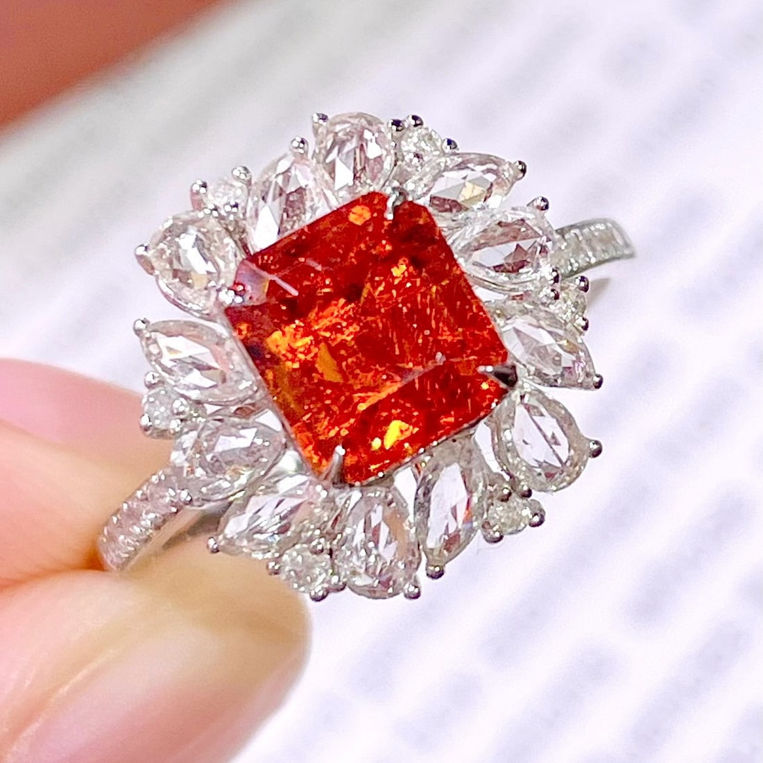 14k Gold 2.8 Ct Natural Spessartine & Diamond & Sapphire Ring - 4
