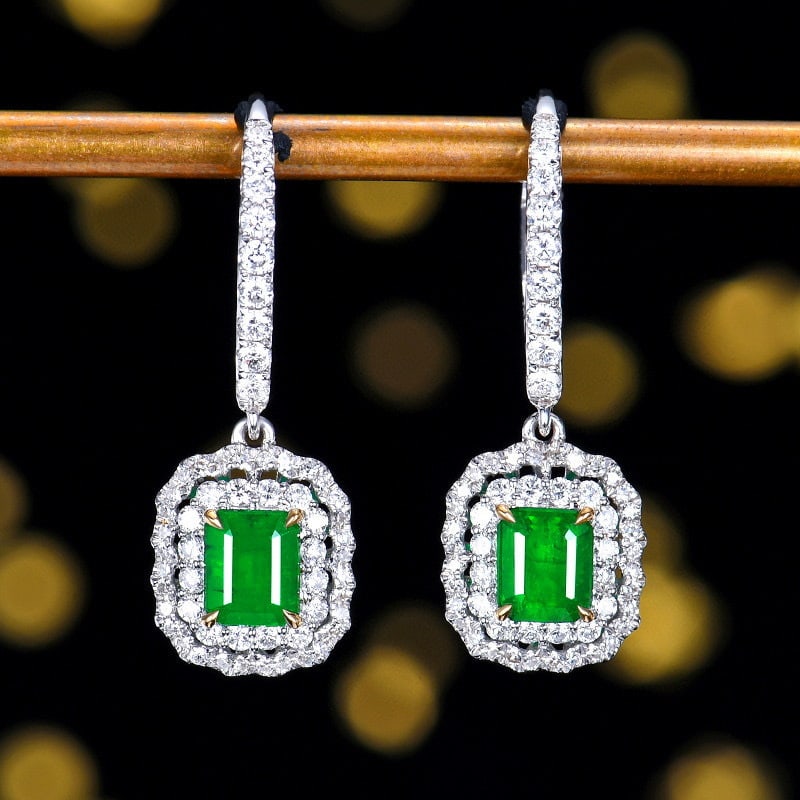 14k Gold 1.88 Ctw Vivid Green Natural Emerald & Diamond Earrings: Ref:231068233 // gold content:14k gold // main gemstone:emerald // shape:octagonal // carat weight:1. 15ct // color:vivid green // treatment:natural // // adjacent gemstone 2 : diamond // number of