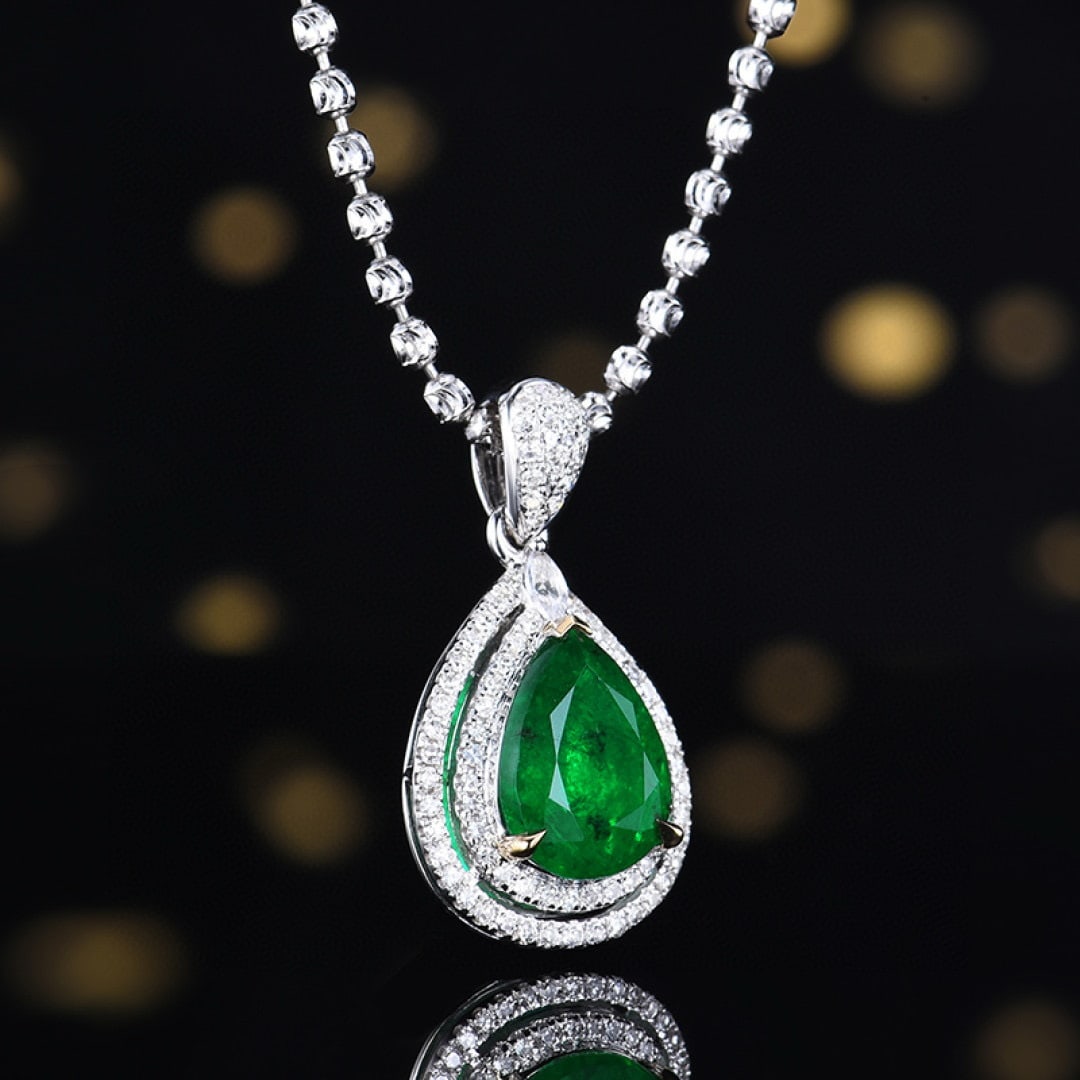 14k Gold 1.71 Ctw Vivid Green Natural Emerald & Diamond Pendant( Without Chain ) - 3