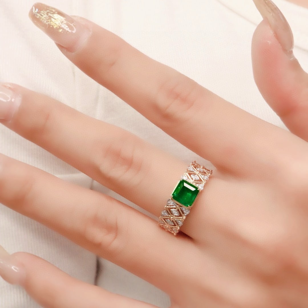 14k Gold 1.09 Ctw Vivid Green Natural Emerald & Diamond Ring - 2