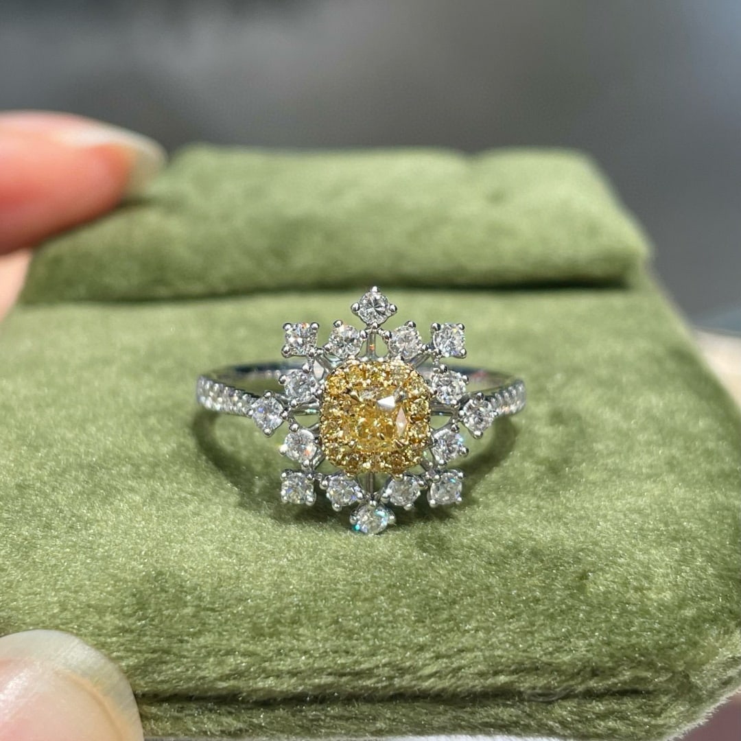 14k Gold 0.77 Ctw Natural Yellow Diamond & Diamond Ring: Ref:231068341 // gold content:14k gold // ring size:7. 25us // // main gemstone:yellow diamond // shape:cushion // carat weight:0. 27ct // color:yellow // treatment:natural // // adjacent gemstone 2