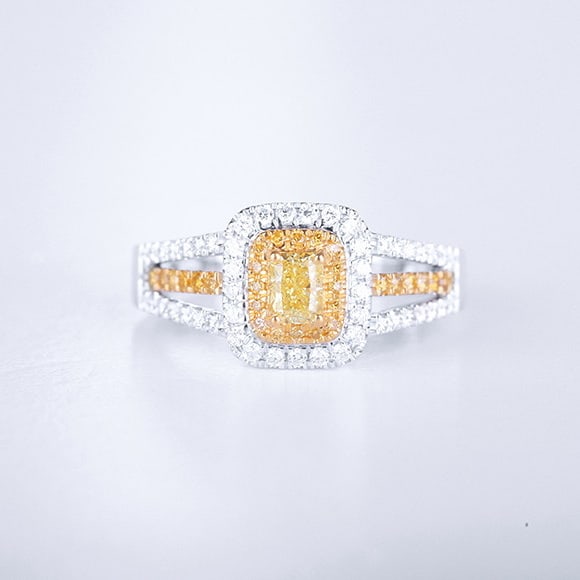 14k Gold 0.65 Ctw Natural Yellow Diamond & Diamond Ring: Ref:231068353 // gold content:14k gold // ring size:7. 25us // // main gemstone:yellow diamond // shape:cushion // carat weight:0. 27ct // color:yellow // treatment:natural // // adjacent gemstone 2