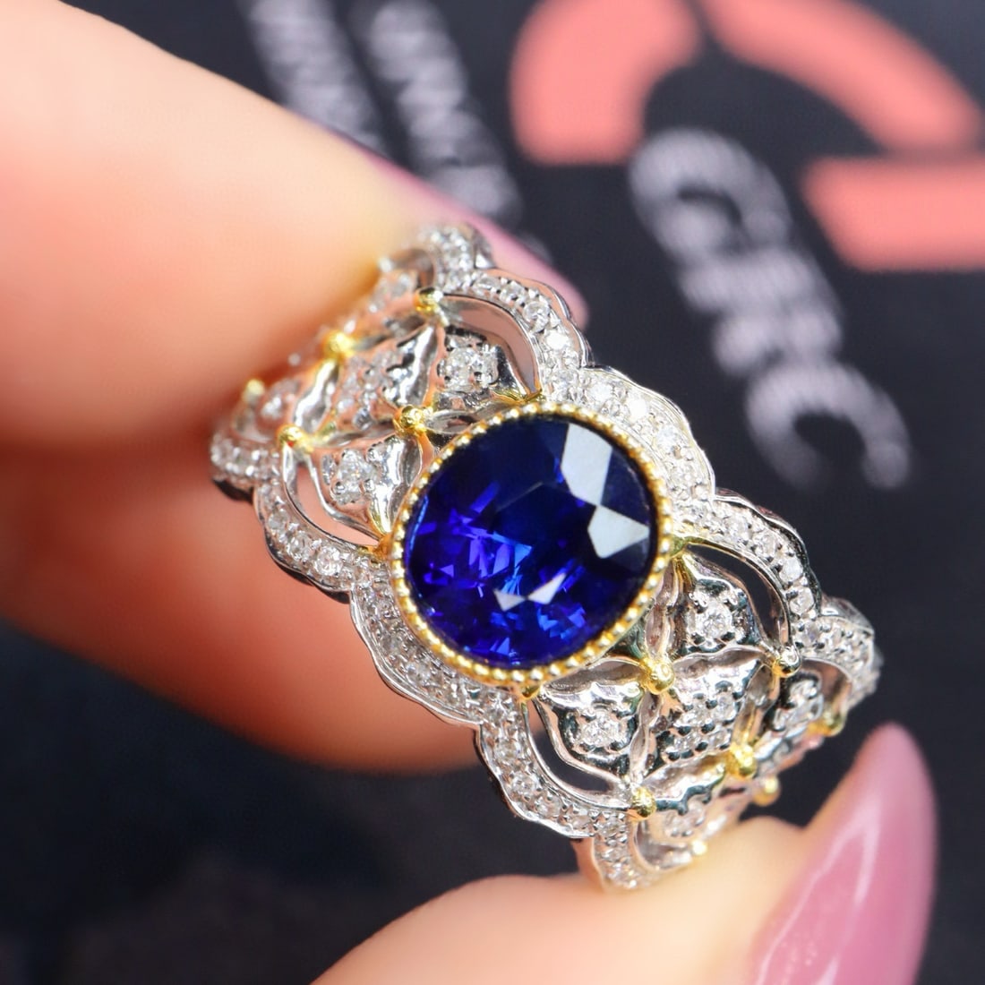 14k Gold 1.63 Ctw Natural Sapphire & Diamond Ring: Ref:231068372 // gold content:14k gold // ring size:7. 25us // // main gemstone:sapphire // shape:oval // carat weight:1. 29ct // color:royal blue // treatment:natural // // adjacent gemstone 2 :