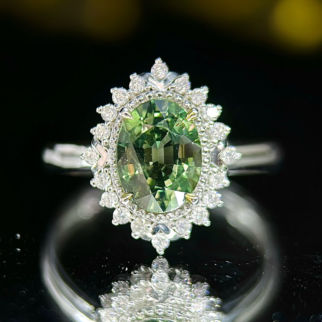 14k Gold 1.8 Ctw Natural Sapphire & Diamond Ring: Ref:231068403 // gold content:14k gold // ring size:7. 25us // // main gemstone:sapphire // shape:oval // carat weight:1. 6ct // color:green // treatment:natural // // adjacent gemstone 2 : diamond