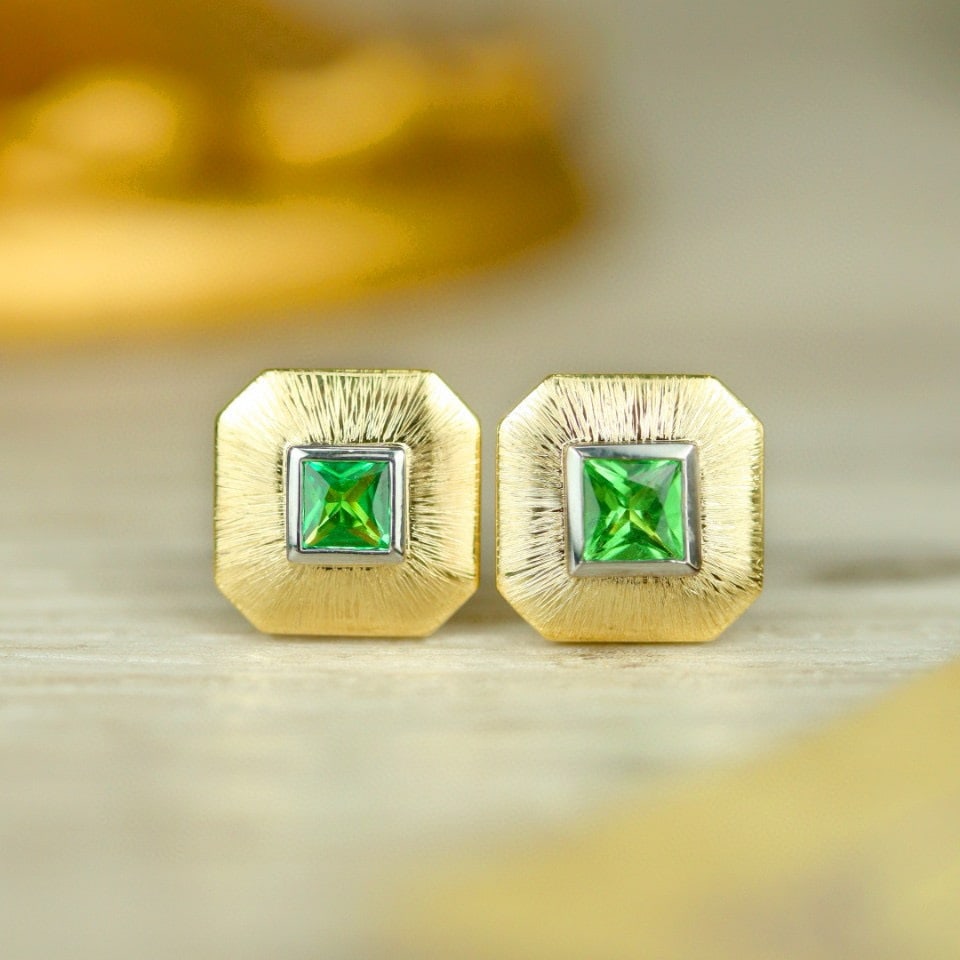 14k Gold 0.50 Ct Natural Tsavorite Earrings: Ref:231068430 // gold content:14k gold // main gemstone:tsavorite // shape:princess // carat weight:0. 50ct // color:green // treatment:natural // Condition: New Low Estimate: 1500.00 High Estimate: