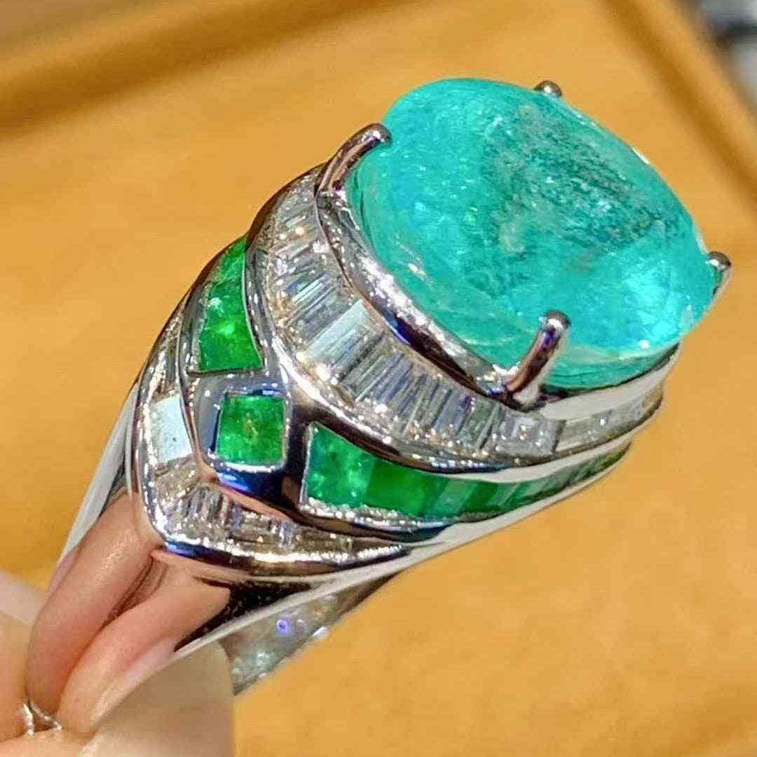 14k Gold 6.88 Ct Natural Paraiba Tourmaline & Diamond & Emerald Ring - 2
