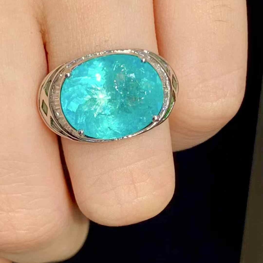 14k Gold 6.88 Ct Natural Paraiba Tourmaline & Diamond & Emerald Ring - 4