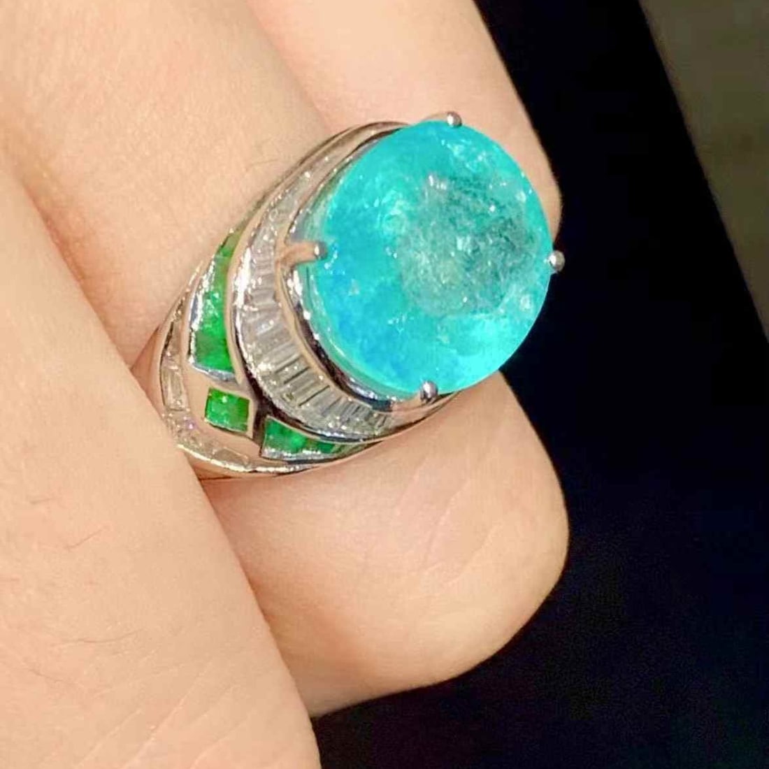 14k Gold 6.88 Ct Natural Paraiba Tourmaline & Diamond & Emerald Ring - 5