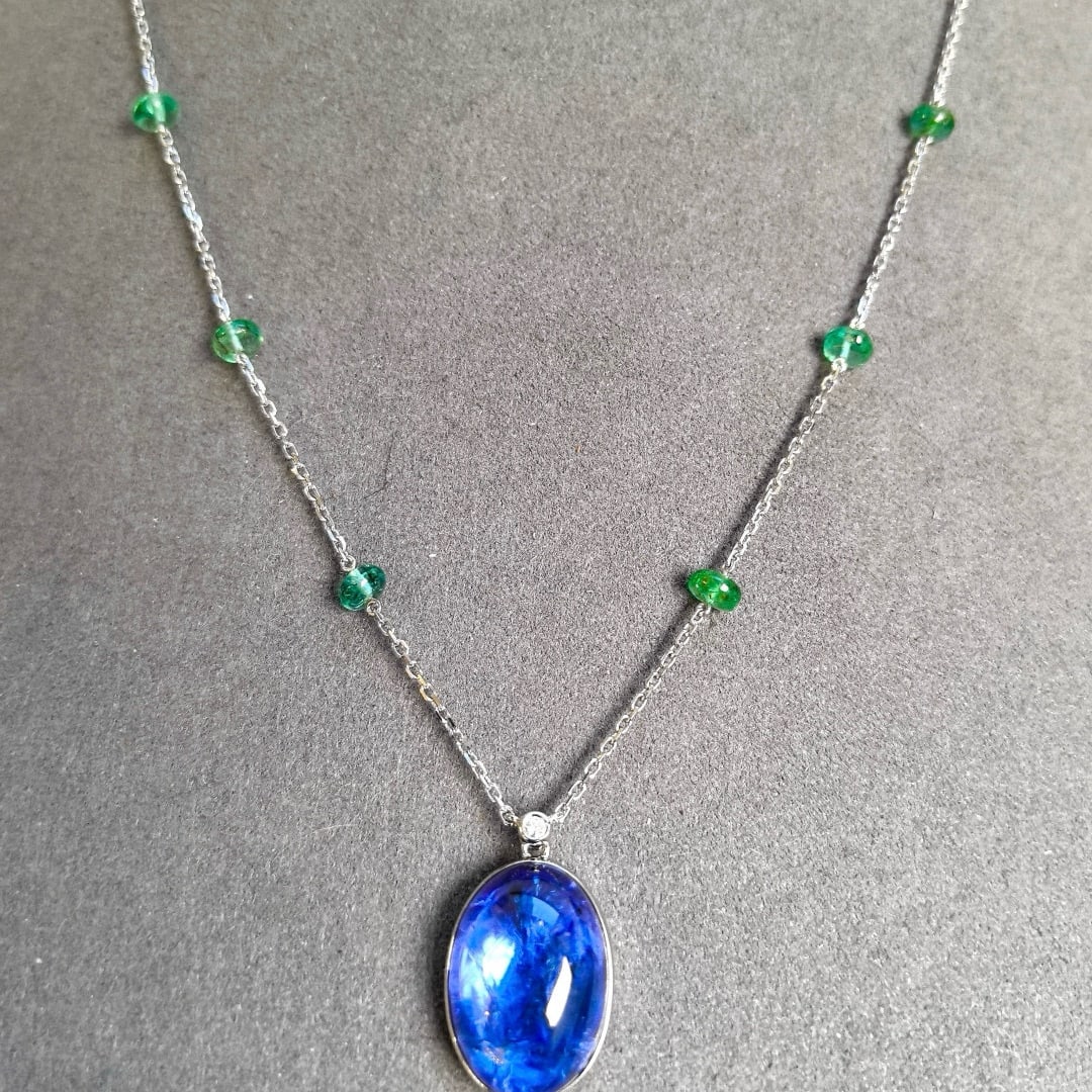 14k Gold 16.70 Ctw Natural Tanzanite & Emerald Necklace - 3