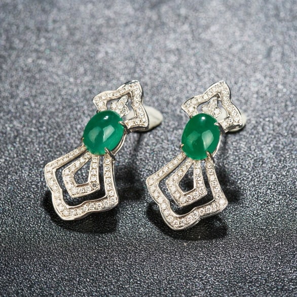 14k Gold 3.79 Ctw Vivid Green Natural Emerald & Diamond Earrings - 3